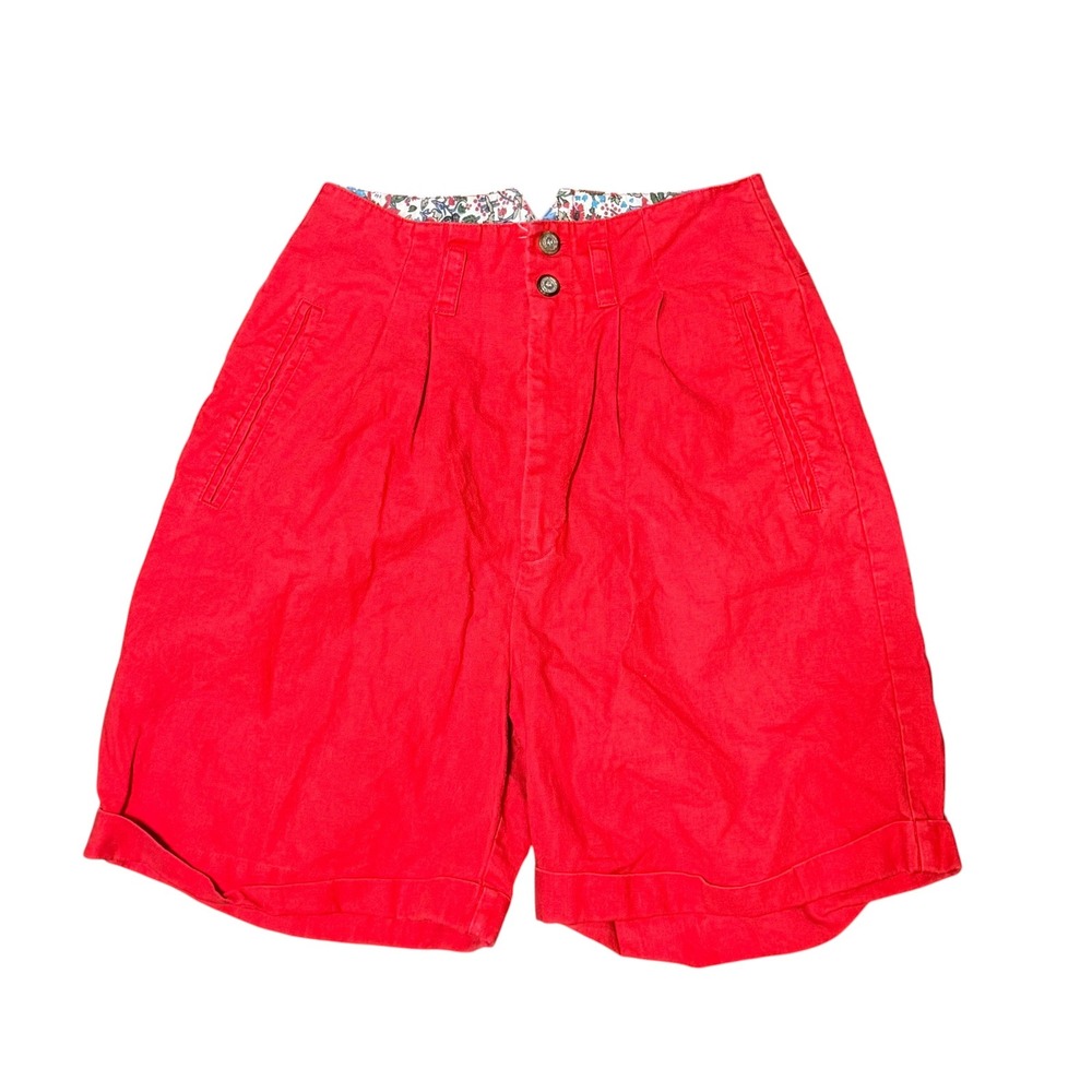 Vtg JJ Fargo Red High‎ Waisted Pleated Shorts Ramie Cotton Floral Waistband 7/8